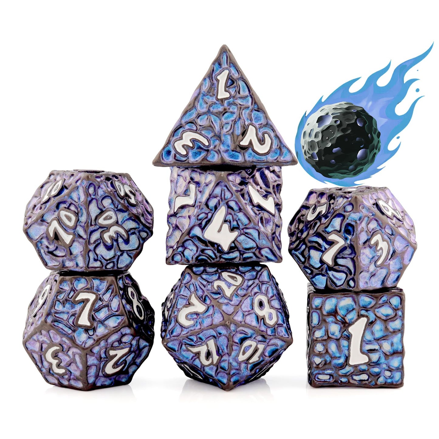PJOY Metal DND Dice Set for Dungeons and Dragons Dice with Case Meteorite Black Blue Glitters 7PCS 16mm Role Playing Cool DND Gifts for Players D&D DM Game Masters