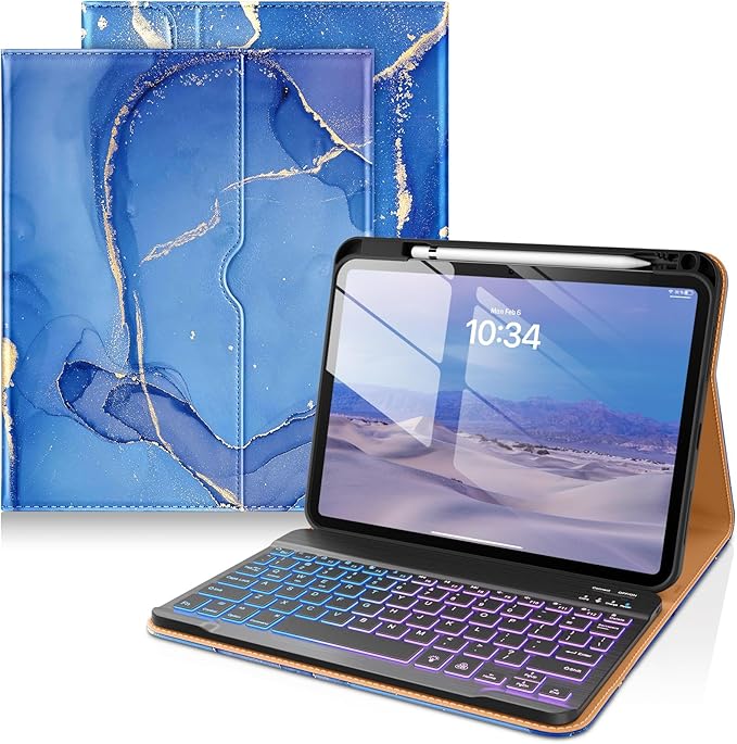 DTTO for iPad 11th (A16)/ 10th Generation Case with Keyboard (2025/2022), 7 Colors Backlit Wireless Detachable Keyboard Leather Folio Cover with Pencil Holder & Pocket, Sea Marble