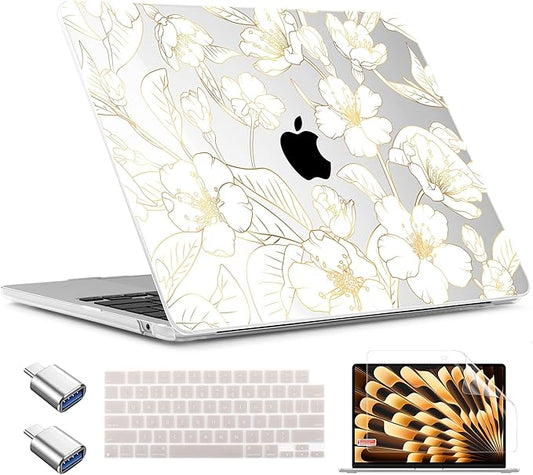 TWOLSKOO Compatible with M4 MacBook Air 13.6 inch Case 2025-2022 Release M4 A3240 M3 A3113 M2 A2681, Plastic Hard Shell & Keyboard Cover & Type C Adapter & Screen Protector, Gold Cherry Blossom