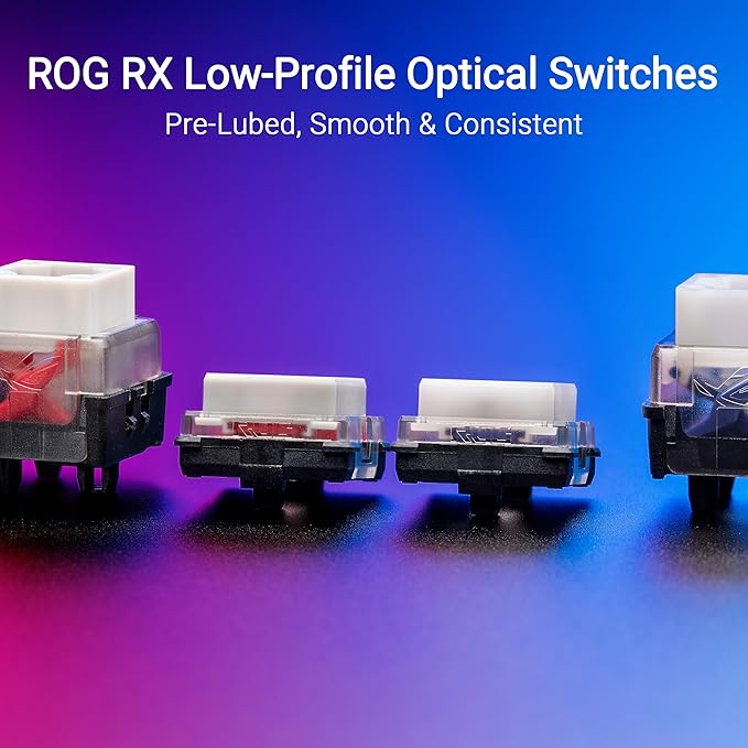 ASUS ROG Falchion RX Low Profile 65% Wireless Gaming Keyboard with ROG RX Blue Low-Profile switches, tri-Mode Connection, Protective Cover, Silicone dampening Foam, Touch Panel, and MacOS Support.