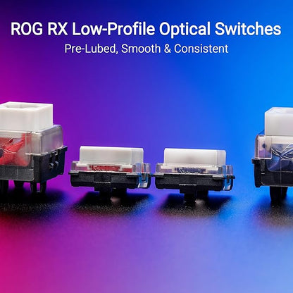 ASUS ROG Falchion RX Low Profile 65% Wireless Gaming Keyboard with ROG RX Blue Low-Profile switches, tri-Mode Connection, Protective Cover, Silicone dampening Foam, Touch Panel, and MacOS Support.