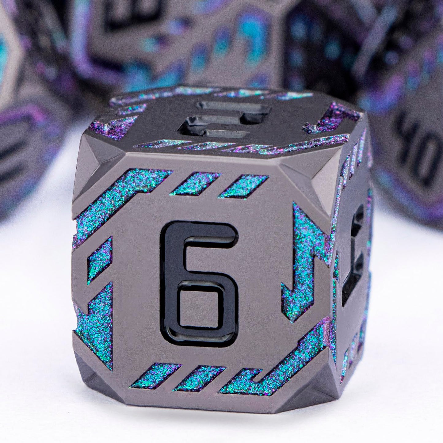 OGCOPHEN Metal DND Sci-fi Dice Set 7PCS Stripe Polyhedral Dice for Dungeons Dragons RPG Role Playing Game, Glitter D and D Dice with Gift Box D6 D8 D10 D12 D20 (Black&Green Purple)