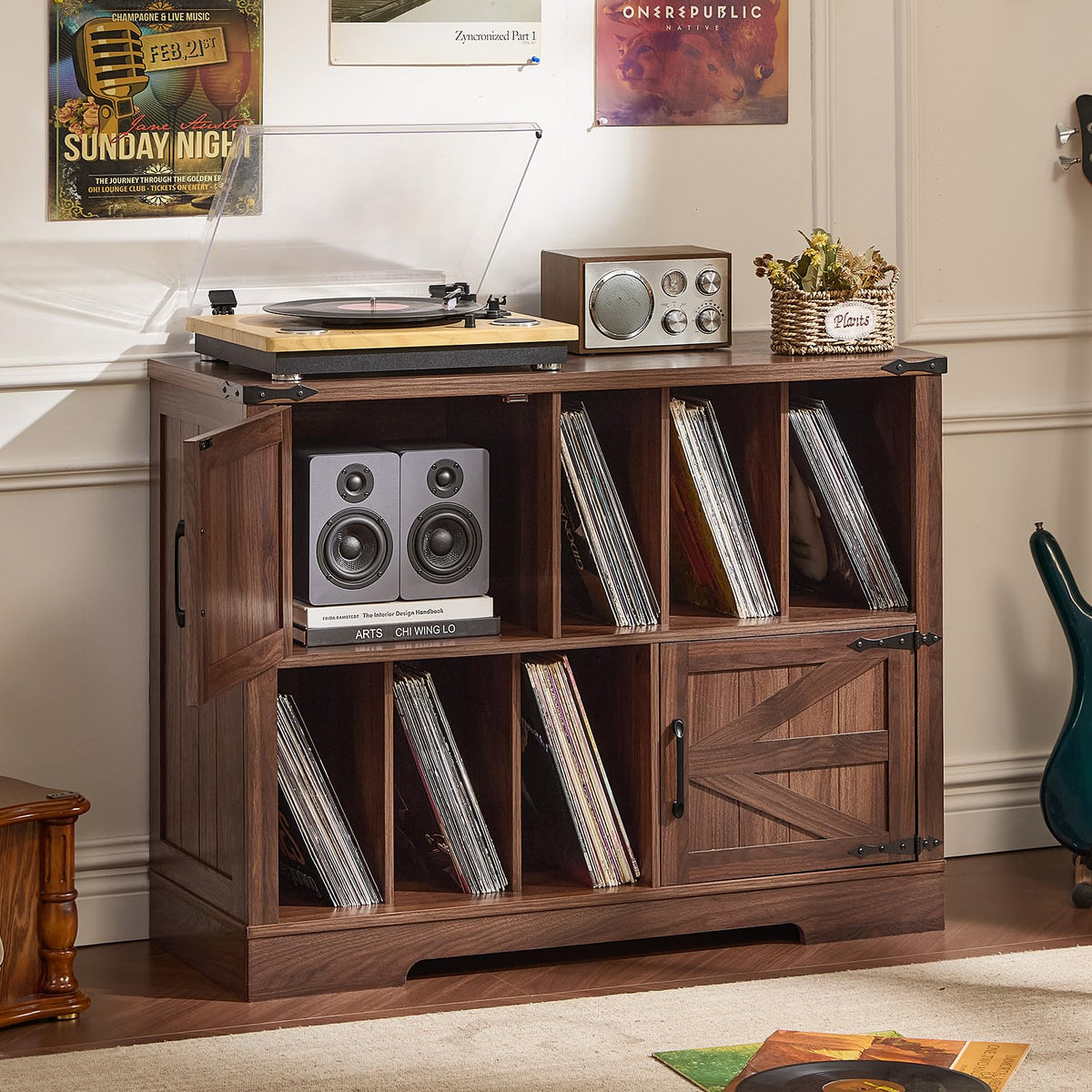 Joaxswe Large Record Player Stand with Vinyl Storage Up to 450 Albums, 39 Inch Farmhouse Brown Walnut Storage Cabinet with Barn Doors, Wood Vintage Mid-Century Turntable Stand for Bedroom, Living Room