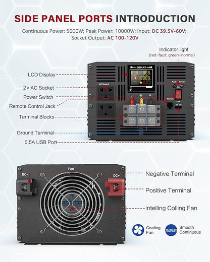 Power Inverter 5000 Watt Pure Sine Wave 48V DC to 110V/120V AC 10000W Peak Converter for Family RV Solar System with 2 AC Outlets LCD Display Remote Control 0.5A USB Charging Port and Wiring Terminal