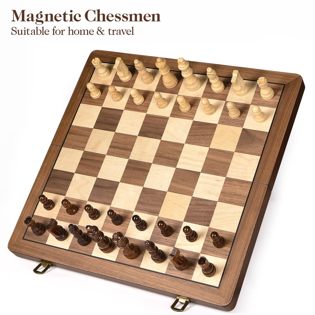 ELONGDI 15" Wooden Chess Set with Magnetic Pieces - Extra Queens - Folding Chessboard Portable Travel Tournament Chess Board Games for Adults Kids