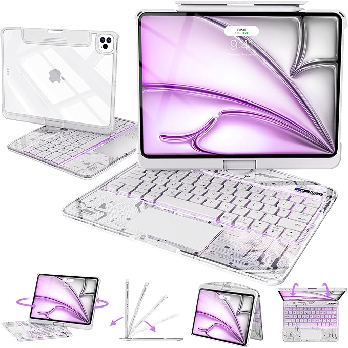 Intermerge Clear Keyboard Case for iPad Air 13" (M3/M2, 2025/2024) & Pro 12.9" (2022-2018) - 360° Rotatable Trackpad, RGB Backlit Keyboard, Pencil Holder, Power Indicator, Type-C, Frost Pulse