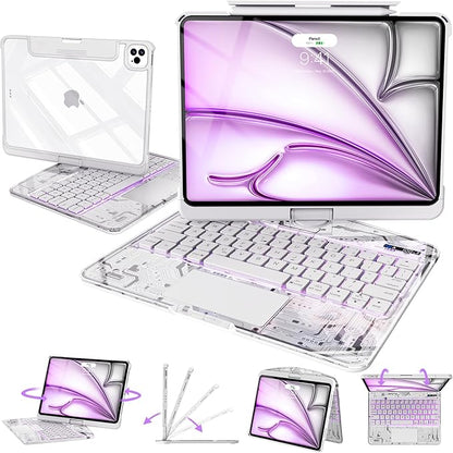 Intermerge Clear Keyboard Case for iPad Air 11" (M3/M2, 2025/2024), Air 5th/4th, Pro 11" 2022-2018, 360° Swivel Multi-Touch Trackpad, 7-Color Backlit, Pencil Holder, Type-C, Frost Pulse