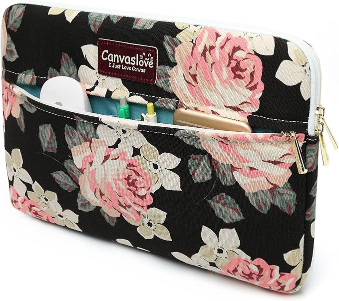 Canvaslove Pink Rose Pattern Laptop Sleeve Case Bag with Pocket for MacBook Pro 14 inch and 14 inch Laptop