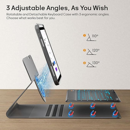 BLUTLOTUS for iPad 11th (A16) 10th Generation Case with Keyboard (2025/2022) - 360° Rotatable Magnetic Folio Cover, 7 Color Backlit Detachable Keyboard with Pencil Holder (Black)