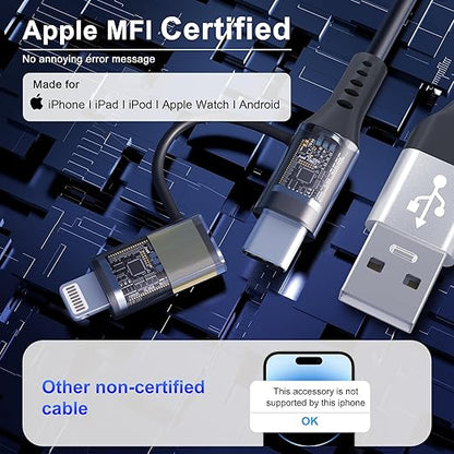 USB to USB-C and Lightning Cable 2 in 1 Coiled Cable Support Aple Carplay & Android Auto [MFi & 3A Fast Charge & Data Sync] Coiled Lightning and USB C Cable for iPhone 17/16/15/14/13/Android, Silver