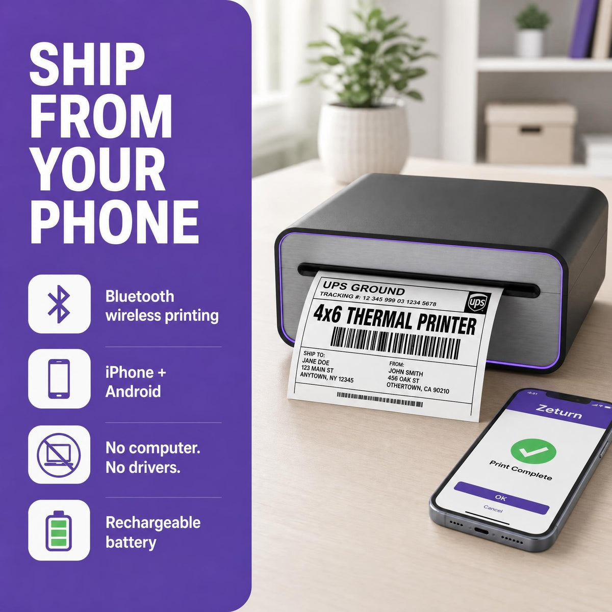 Zeturn 4x6 Thermal Shipping Label Printer, Bluetooth Wireless