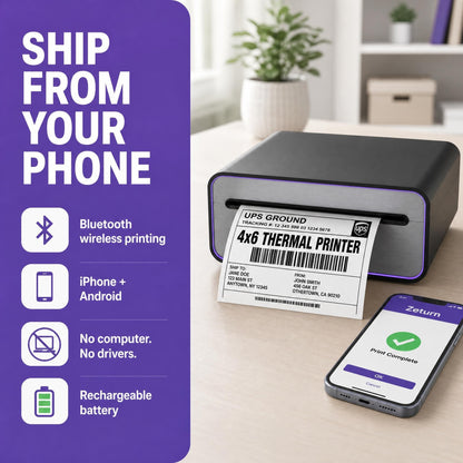 Zeturn 4x6 Thermal Shipping Label Printer, Bluetooth Wireless