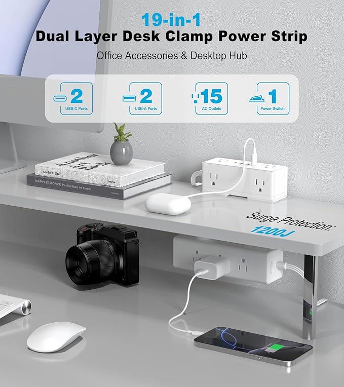 Dual Layer Desk Clamp Power Strip, 19 in 1 Desktop Edge Mount Surge Protector with 4 USB Ports(2 USB-C) & 15 AC Outlets, Ultra Thin Flat Plug & 5FT Power Cord for Office Home(ETL Listed)