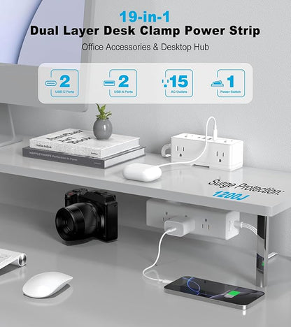 Dual Layer Desk Clamp Power Strip, 19 in 1 Desktop Edge Mount Surge Protector with 4 USB Ports(2 USB-C) & 15 AC Outlets, Ultra Thin Flat Plug & 5FT Power Cord for Office Home(ETL Listed)