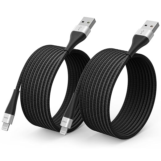 Extra Long iPhone Charger Cord 15FT 2Pack, Apple MFi Certified USB A to Lightning Cable Braided Fast Charging Cord Compatible with iPhone 14/13/12/11 Pro Max/X/XS Max/SE/XR/8 Plus/7/6/5, iPad - Black