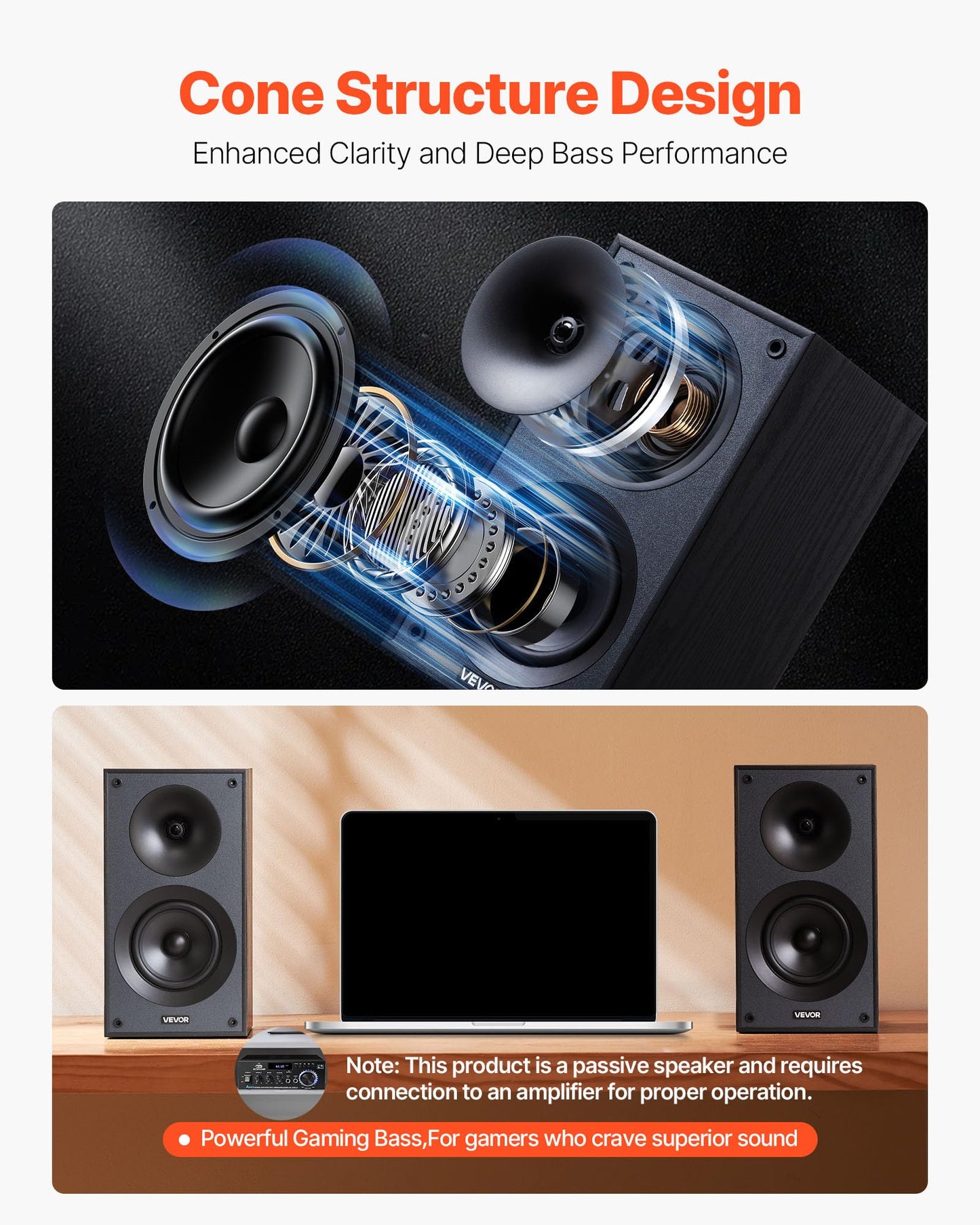 VEVOR Passive Bookshelf Speaker, 300W, Book Shelf Stereo Speakers with 5.25-Inch Woofer and 1-Inch Tweeter, Detachable Grille, 65Hz-20KHz Frequency Response, Wooden Enclosure,for Home Theater (1 Pair)