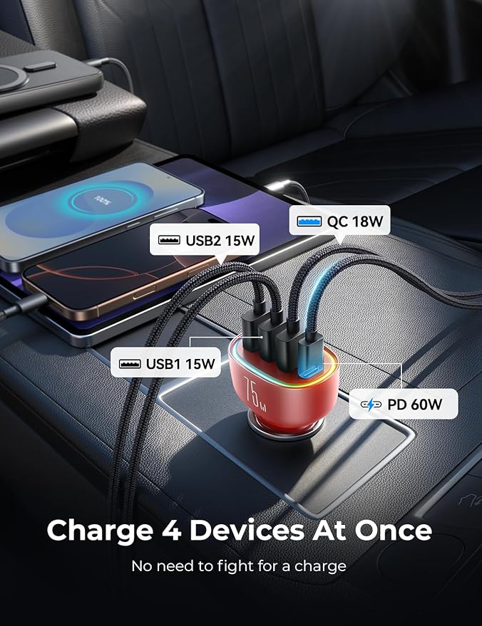 FLYLEAD USB C Car Charger Cigarette Lighter Adapter 75W 4-Port Fast Car Charger Fast Charging Compatible with iPhone16/15/14/13 Series- RED