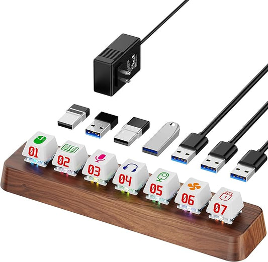 FEIFANZHE 7-Port USB 3.0 Powered Hub, RGB Lighting, Hot-Swappable Cherry MX Switch Support, 5Gbps Speed, Includes 12V/2A Power Adapter, Walnut Wood Cyberpunk USB Dock-FU0724