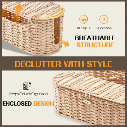 FairyHaus Cable Management Box 2Pack Cream, Handwoven Large and Small Cable Organizer Box Cover to Hide Cords and Power Strip, Imitation Wicker Cord Organizer Box Hider for Office Desk and Floor