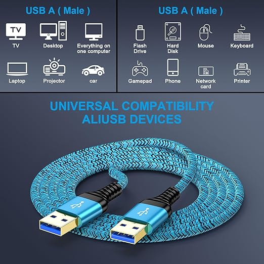 USB to USB Cable, 2Pack 6Ft USB3.0 A to A Male to Male Cable Double End USBCord Data Transfer Cord for Hard Drive Enclosures, Laptop Cooler, Computer PC Cooling Fan/Pad, DVD Player, TV, Hub, Monitor
