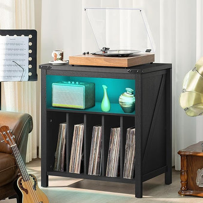 Large Record Player Stand with Charging Station & LED Lights, Vinyl Records Storage Holder Cabinet Holds up to 230 Albums, Turntable Stand for Music Room, Bedroom, Living Room, Office (Black)