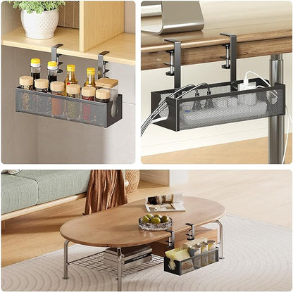 DELAMU Under Desk Cable Management Tray, No Drill Metal Mesh Cable Management Under Desk with F-Clamp Mount & 2 Open Holes, Cord Organizer for Home Office, 1 Pack, Black