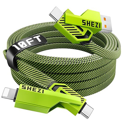 SHEZI [Upgraded 2.0] 4-in-1 USB C Cable 60W 10FT Fast Charging [480Mbps Data Sync] Flat Nylon Braided Charger Cord Combo, USB A/C to C/L Multi Charge Cable for iPhone/iPad & Most Devices, Green