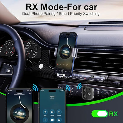 2025 Pro Bluetooth 5.4 Transmitter Receiver, 2-in-1 Wireless Audio Adapter for Airplane/TV/PC/Gym - Dual Link Headphone, Low Latency, Battery Display, Built-in Mic, 30H Playtime, Aviation Metal Frame
