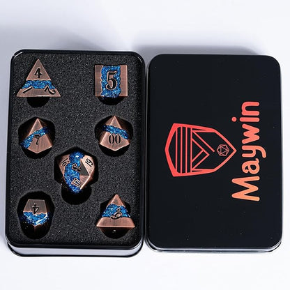 Metal DND Polyhedral Dice,Large Stripe Glitter Metallic Dice Set,Antique Silver Dice 7pcs Set for Role Playing Games(Antique Copper Blue)