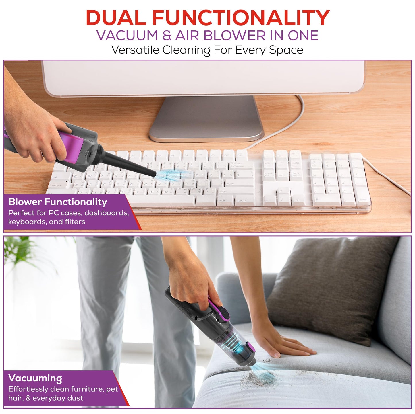 HyperVac 2-in-1 Handheld Portable Car Vacuum Cleaner & Blower, 18500Pa Suction, Corded/Cordless Air Duster with LED Light, Flexible Hoses, USB-C Fast Charge – Ideal for Home, Office & Pets