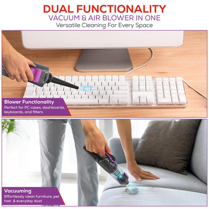 HyperVac 2-in-1 Handheld Portable Car Vacuum Cleaner & Blower, 18500Pa Suction, Corded/Cordless Air Duster with LED Light, Flexible Hoses, USB-C Fast Charge – Ideal for Home, Office & Pets