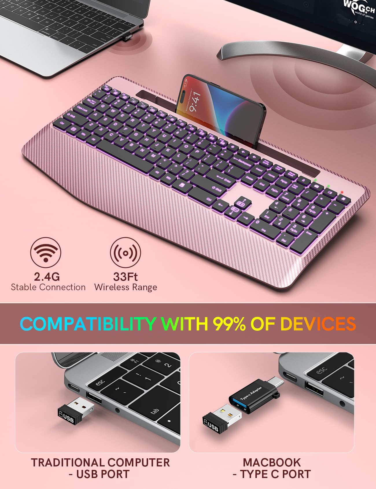 Wireless Keyboard, 7 Colored Backlits, Wrist Rest, Phone Holder-Rose gold