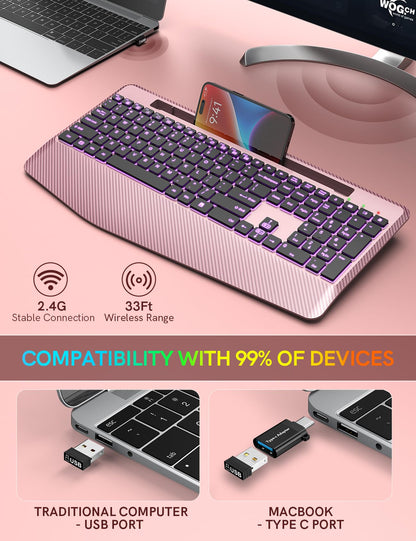 Wireless Keyboard, 7 Colored Backlits, Wrist Rest, Phone Holder-Rose gold