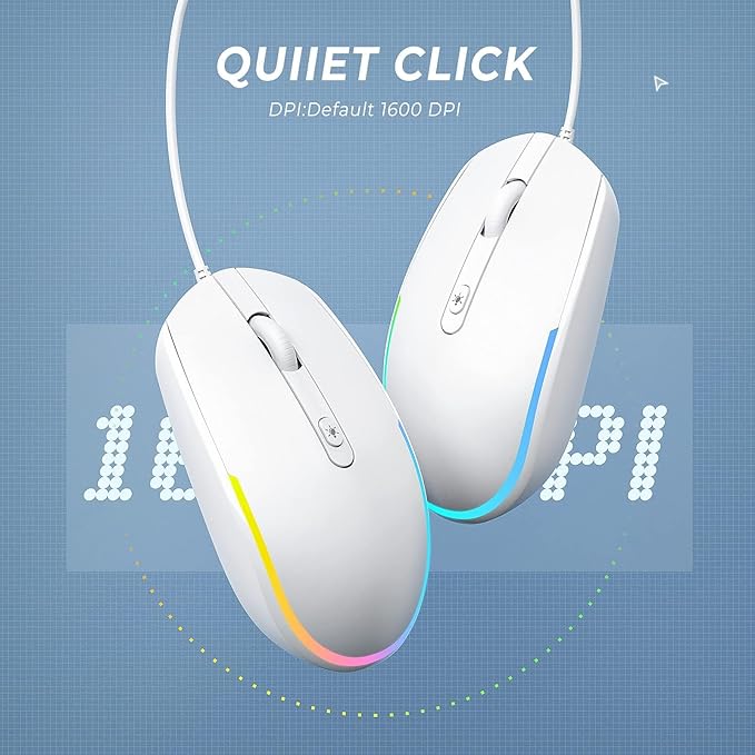 Seenda Wired RGB Backlit Optical LED Mouse - USB Cord for Laptops, Notebooks, Chromebook (White)