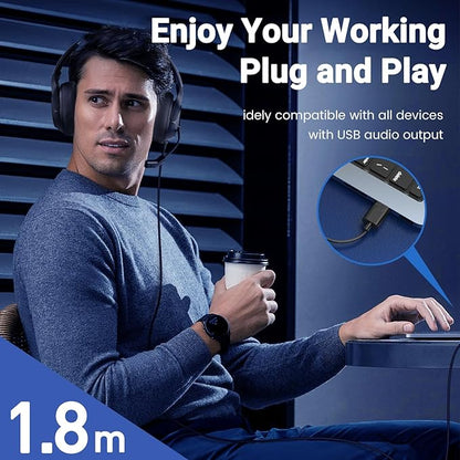 Headset with Microphone for PC, USB Computer Headsets AI-Powered Environmental Noise Cancelling Headphone with Busylight, Mic Mute Boom & Volume Control, Wired Over-Ear Headset for Laptop/Work/Office