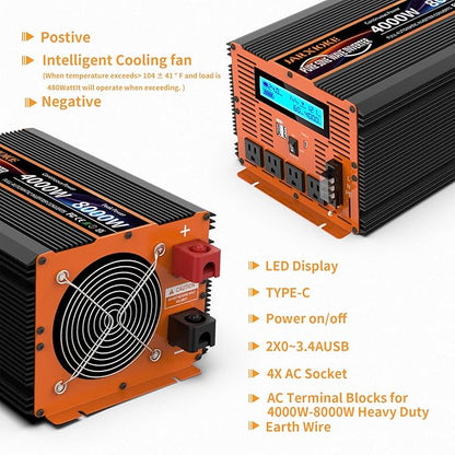 4000 Watt Pure Sine Wave Power Inverter 24V DC to 110V 120V Converter for Family RV Off Grid Solar System Car with Type-C Ports 4 AC Power Outlets Dual USB Ports LCD Display and Remote Control