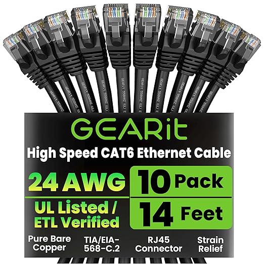 GEARit Cat 6 Ethernet Patch Cable 14 ft Black (10 Pack) Cat6 Patch Cables 14ft Black/Ethernet Patch Cable, 10Gbps 550MHz 24AWG Pure Copper, Snagless, Gold Plated RJ45 for Router, Server, Router, PC