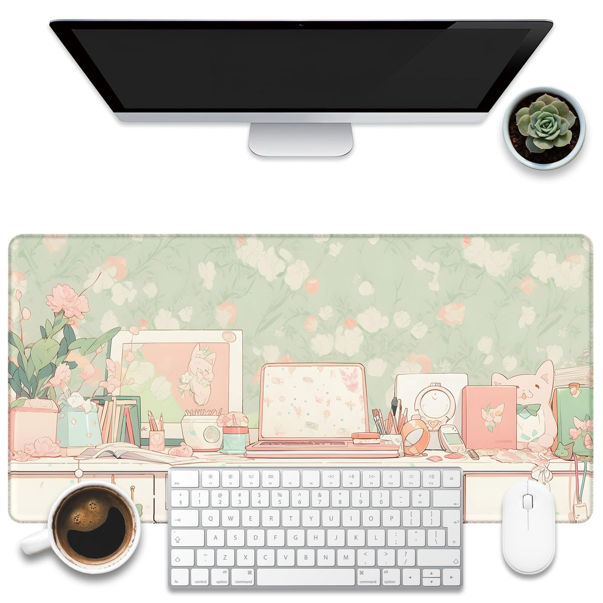 KOAIWPAE Desk Mat, Watercolor Pink Flowers Desk Pad, Green Leaves Flowers Large Gaming Mouse Pad for Desk, 31.5"x15.7" Extended Big Computer Keyboard Mouse Pad with Non-Slip Base and Stitched Edge