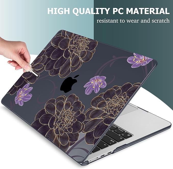 Mektron for 2025 M4 MacBook Air 13.6 Inch A3240 Case Fits 2023 A2681 M2 2024 A3113 M3 Chip with Liquid Retina Display, Printed Plastic Hard Shell Cover for MacBook Air 13.6", Golden Dahlia Flowers