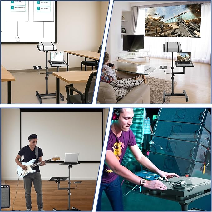 2 Shelves Mobile Projector Stand, Rolling Laptop Stand Adjustable Height to 47 Inches, Podium Stands with Ventilated Tray, Heavy Duty, Laptop Floor Stand for Office, Home, Stage, DJ