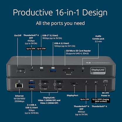 Kensington SD5910T DisplayLink Docking Station Thunderbolt 4, Quad 4K for MacBook Pro/Air M1/M2/M3/M4 with Pro and Max Chipsets, 100W PD, HDMI/DP/TB4, SD/Micro SD Card Slots (K35233NA)