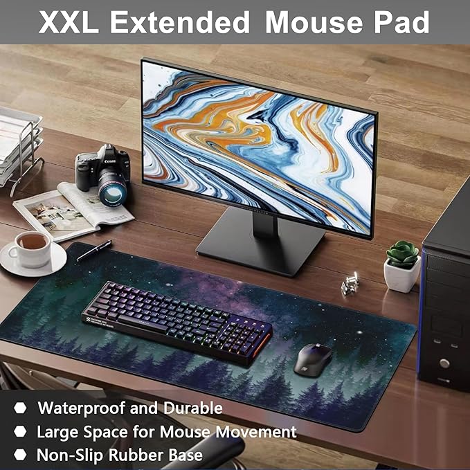 Mouse Pad, Large Galaxy Space Forest Desk Mat, Extended Non-Slip Gaming Keyboard Mousepad Desk Pad, Thick Stitched Edges Waterproof Mouse Mat 31.5"x15.7" (Night Sky Forest)