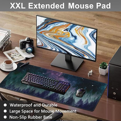 Mouse Pad, Large Galaxy Space Forest Desk Mat, Extended Non-Slip Gaming Keyboard Mousepad Desk Pad, Thick Stitched Edges Waterproof Mouse Mat 31.5"x15.7" (Night Sky Forest)