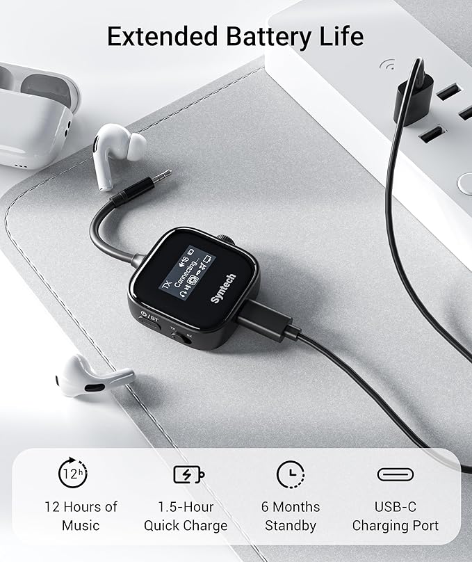 Syntech Airplane Bluetooth 5.4 Transmitter Receiver for 2 AirPods or Wireless Headphones, HD Display Low Latency 3.5mm AUX Jack Bluetooth Audio Adapter for Flying, TV, Car, Gym, Home Stereo
