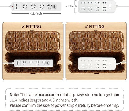 Cable Management Box, Desk Handwoven Rattan Cord Hider Organizer Box With Lid Button Lock, Power Strip Holder Decorative Box, Floor Cord Surge Protector Storage Box