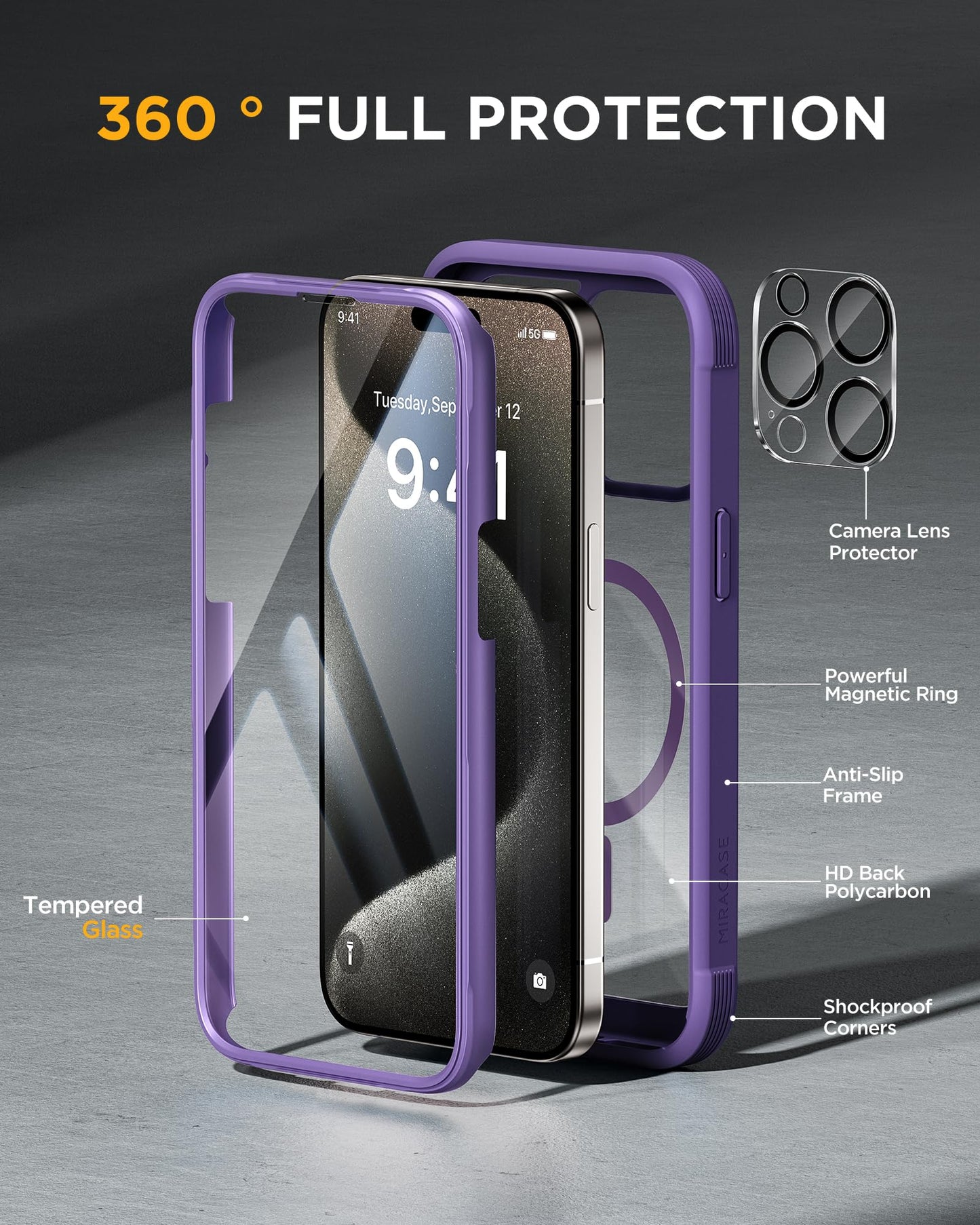 Miracase Magnetic for iPhone 15 Pro Case [Compatible with MagSafe] Full-Body Bumper Phone case with Built-in Glass Screen Protector& Camera Protector, Military Drop Proof 15 Pro Cover, Magnetic Purple