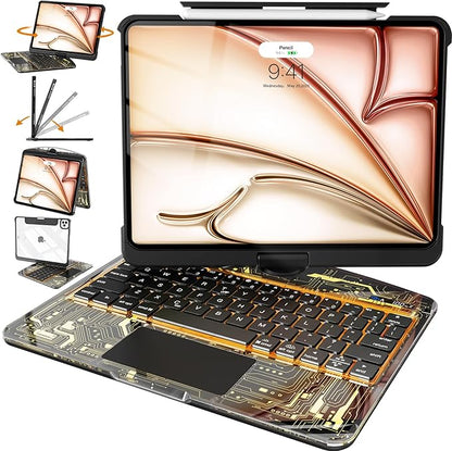 Intermerge iPad A16 11th (2025) & 10th Generation 10.9" Case with Keyboard, 360 Deg Transparent Multi-Touch Trackpad, 7-Color RGB Keyboard, Pencil Holder, Type-C, Shadow Pulse
