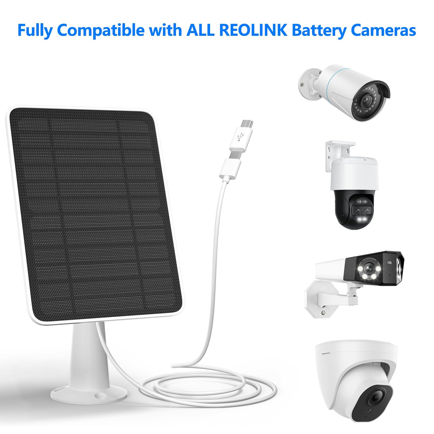 Solar Panel Charger Compatible with Reolink Argus 2E/Eco Ultra/Go PT Plus/Go Plus/Argus 3 Pro/Argus PT, 5W Solar Panels for Reolink Battery Camera, IP65 Waterproof 10ft Cable Secure Wall Mount, 2 Pack