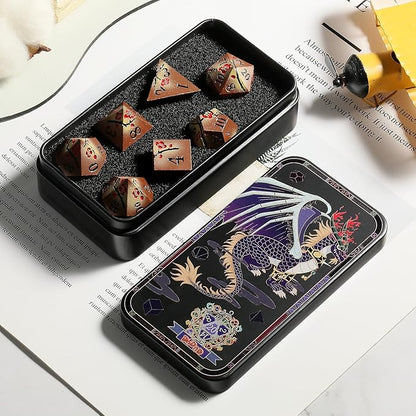 Metal Dice Set DND, DNDND 7 PCS Metallic Flowers D&D Dice with Gorgeous Gift Case for D&D Dungeons and Dragon Tabletop Game (Brown and Cream-Coloured)