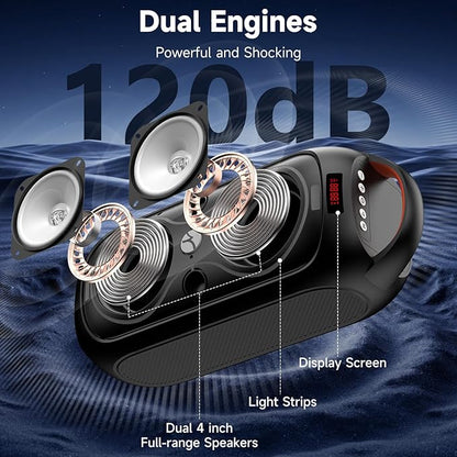 Portable Bluetooth Speaker 120dB Loud with Beat-Sync LED Lights & Dual 4-inch Speakers – 5 RGB Modes + 8 Colors, Bluetooth 5.3, USB/TF/AUX/FM/Mic, TWS Pairing – for Outdoor, Party, Camping & Beach